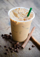 ice coffee on wooden table