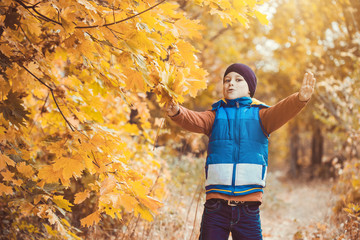 funny kid on a background of autumn trees