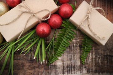 Christmas and happy new year festival concept of  decor gift  on the wooden background vintage style