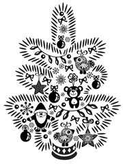 cartoon Christmas tree for little kids. Black and white image