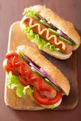 hot dog with ketchup mustard and vegetables