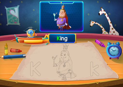 Martian Class: K - King. Hello, I'm Little Martian. I just open a class for all Martians to learn English. Will you join us? Watch, Learn, and use crayons Coloring it so you can Remember Better!
