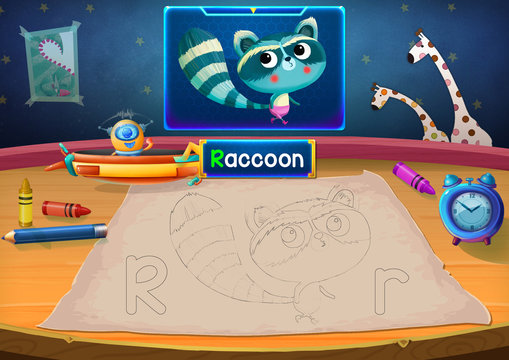 Illustration: Martian Class: R - Raccoon. The Martian in this picture opens a class for all Aliens. You must follow and use crayons coloring the outlines below. Fantastic Sci-Fi Cartoon Scene Design.