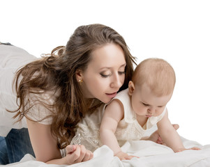 Mom playing with baby, isolated on white backdrop