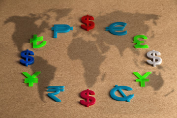 World economy map with colorful international icon