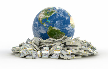 Pile of Dollars and globe (clipping path included)