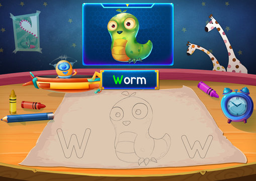 Illustration: Martian Class: W - Worm. Martian in the picture opens a class for all Aliens. You must follow and use crayons coloring the outlines below. Fantastic Sci-Fi Cartoon Scene Design