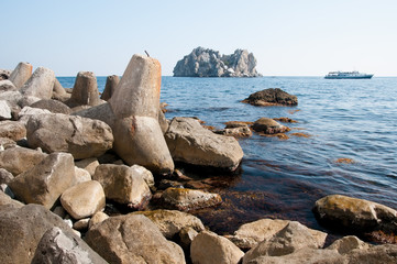 Adalar rocks and old breakwaters on the shore, Gurzuf, Crimea