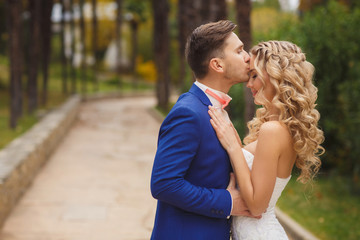 Fototapeta premium The groom kisses the bride in a green Park in the summer.