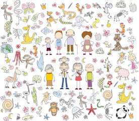 Fototapeta premium Children's drawings of doodle family, animals, people, flowers 