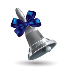 Silver school bell with a blue ribbon