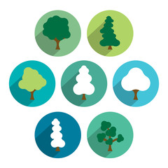 Tree icon set. Simply circle green flat pictograms.