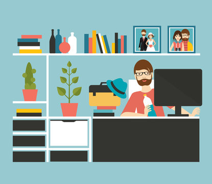 Man office workplace. Art, designer style. Flat vector illustration.