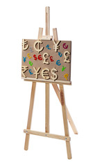 Colorful world economy picture on easel says yes and sell