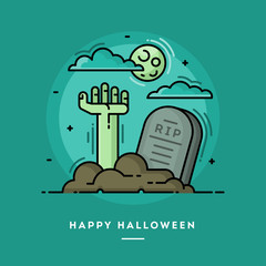 Zombie hand in cemetery, flat design thin line Halloween banner