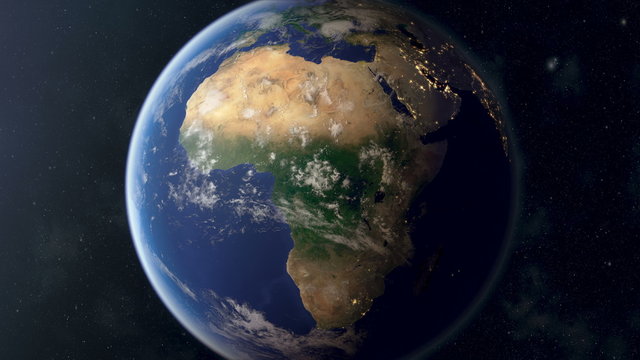 Orbiting over Australia from space. Photorealistic 3d animation, created using extremely high resolution (50k+) textures. As the sun sets you see the cities light up.