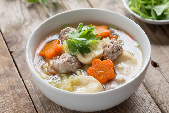 Clear Soup with Vegetables and Meatballs.
