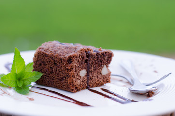 Cake chocolate brownies on white plate