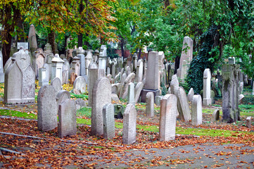 Old Jewish Cemetery in Prague in autumn