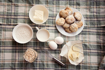 Ingredients for making oatmeal cookies. Top