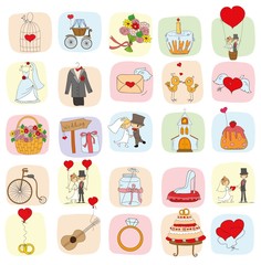 Doodle wedding set for invitation cards, including template design decorative elements - flowers, bride, groom, church, hearts 