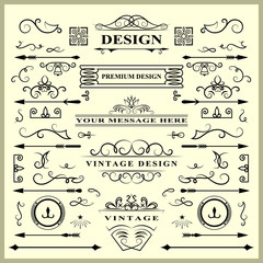 Set of Vintage Decorations Elements. Flourishes Calligraphic Ornaments and Frames. Retro Style Design Collection for Invitations, Banners, Posters, Placards, Badges and Logotypes. Vector illustration