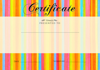 Fototapeta premium Certificate, Diploma of completion with colorful stripy (stripes border, line pattern) background. Vector watercolor with rainbow texture for Certificate of Achievement, coupon, award frame, winner