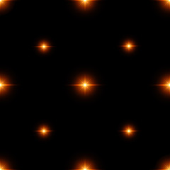 Seamless pattern of luminous stars. Illusion of light flashes. Orange flames on a black background. Abstract background. Vector illustration. 