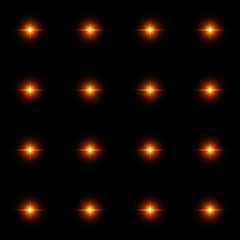 Seamless pattern of luminous stars. Illusion of light flashes. Orange flames on a black background. Abstract background. Vector illustration. 