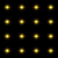 Seamless pattern of luminous stars. Illusion of light flashes. Yellow flames on a black background. Abstract background. Vector illustration. 