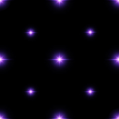 Seamless pattern of luminous stars. Illusion of light flashes. Purple flames on a black background. Abstract background. Vector illustration. 