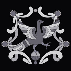 Ornamental vector illustration of mythological bird. Gray fairy bird on the black background. Monochrome template. Folkloric motive. Fairy tales, stories, myths and legends decoration. 