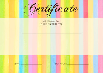 Certificate, Diploma of completion with colorful stripy (stripes border, line pattern) background. Vector watercolor with rainbow texture for Certificate of Achievement, coupon, award frame, winner