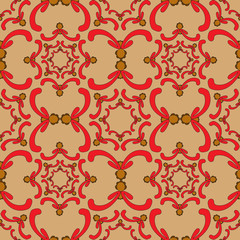 Ornamental seamless pattern. Vintage template. Orange background with red curve elements.Filigree texture.