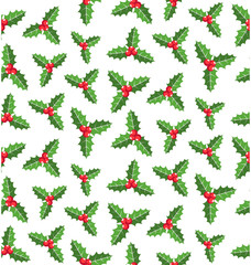 Seamless Christmas Winter Pattern with Holly Tree Isolated on Wh