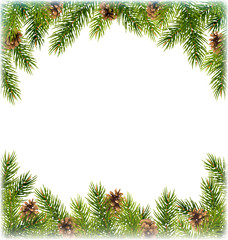 Fototapeta na wymiar Green Christmas Tree Pine Branches with Pinecones Like Frame wit