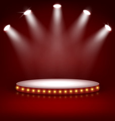 Illuminated Festive Stage Podium with Lamps on Red Background