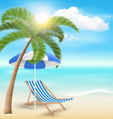 Fototapeta na wymiar Beach with Palm Clouds Sun Beach Umbrella and Beach Chair. Summe