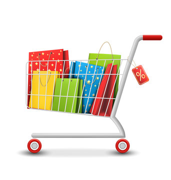 Sale Colorful Shopping Cart with Bags Isolated on White Backgrou