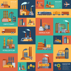  Icons Set With Different Types Of  Industrial Enterprises