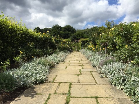 Stone path in a grand garden, bordered by bedding plants and with a dramatic sky above
