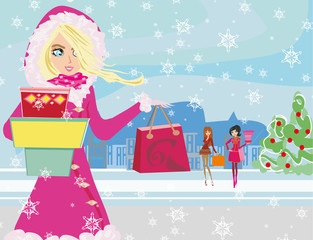 beautiful girls on winter shopping