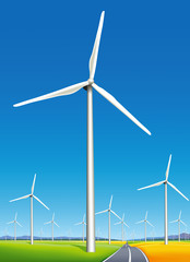 Fototapeta premium Wind-powered electrical generators (aerofoil-powered generators) in the field in sunny day.