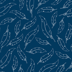 White feathers on blue background. Seamless vector pattern.