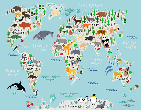 Animal map of the world for children and kids