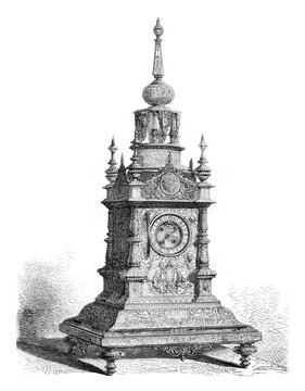 Spanish-style clock, Mr. Zuloaga, vintage engraving.