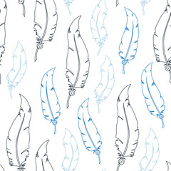 Blue feathers on white background. Seamless vector pattern.