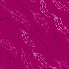 Pink feathers on pink background. Seamless vector pattern.