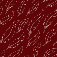 Fototapeta premium White feathers on red background. Seamless vector pattern.