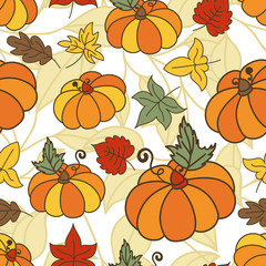 Seamless vector doodle pattern with ripe pumpkins and multicolor